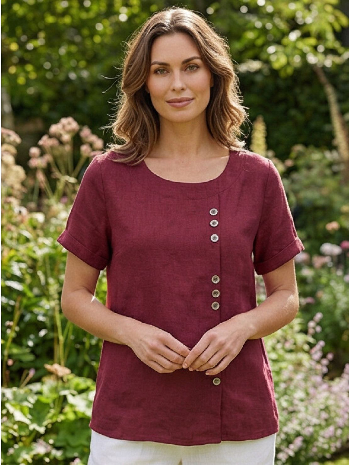 Women's Button Blouse with Round Neckline and Relaxed Fit