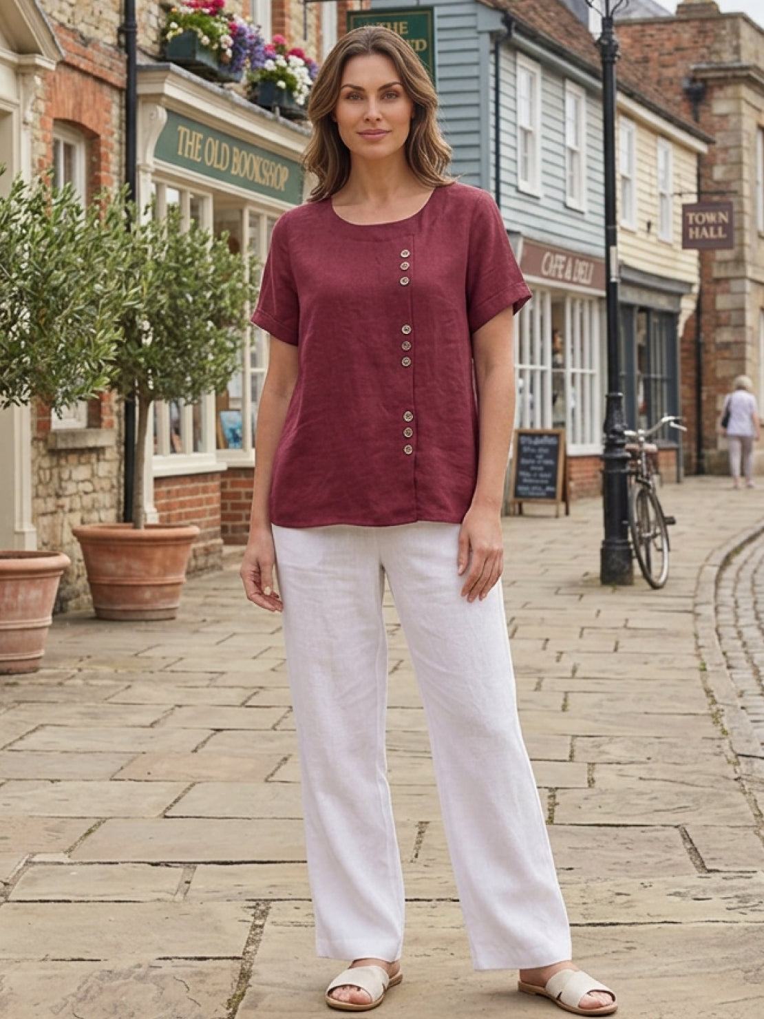 Women's Button Blouse with Round Neckline and Relaxed Fit