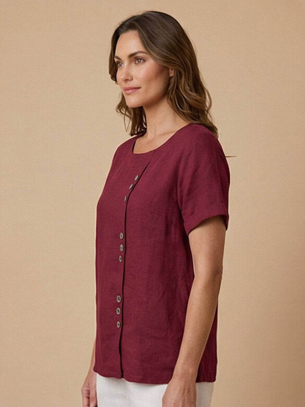 Women's Button Blouse with Round Neckline and Relaxed Fit