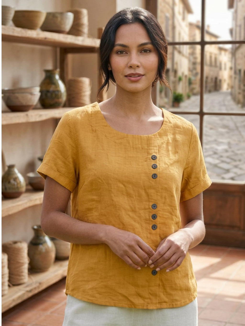 Women's Button Blouse with Round Neckline and Relaxed Fit