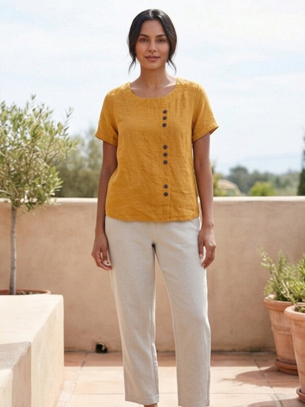 Women's Button Blouse with Round Neckline and Relaxed Fit