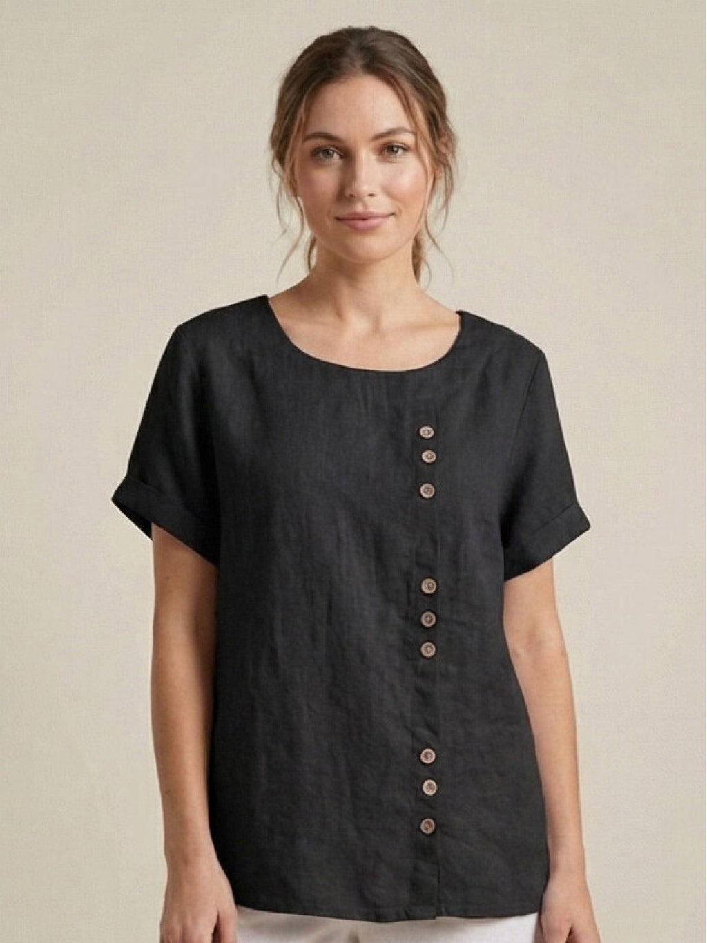 Women's Button Blouse with Round Neckline and Relaxed Fit