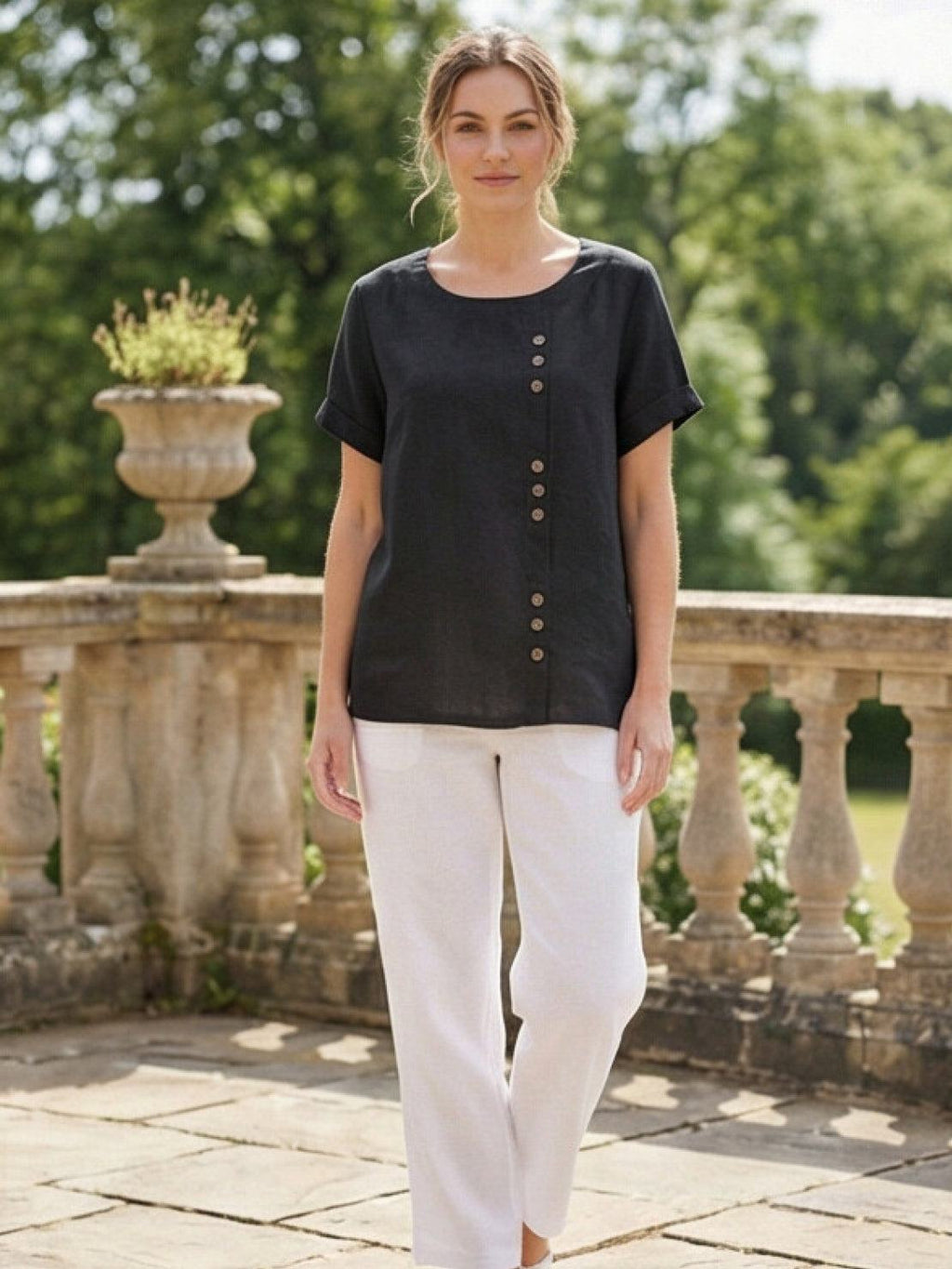 Women's Button Blouse with Round Neckline and Relaxed Fit