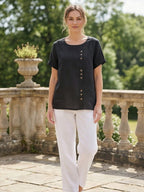 Women's Button Blouse with Round Neckline and Relaxed Fit