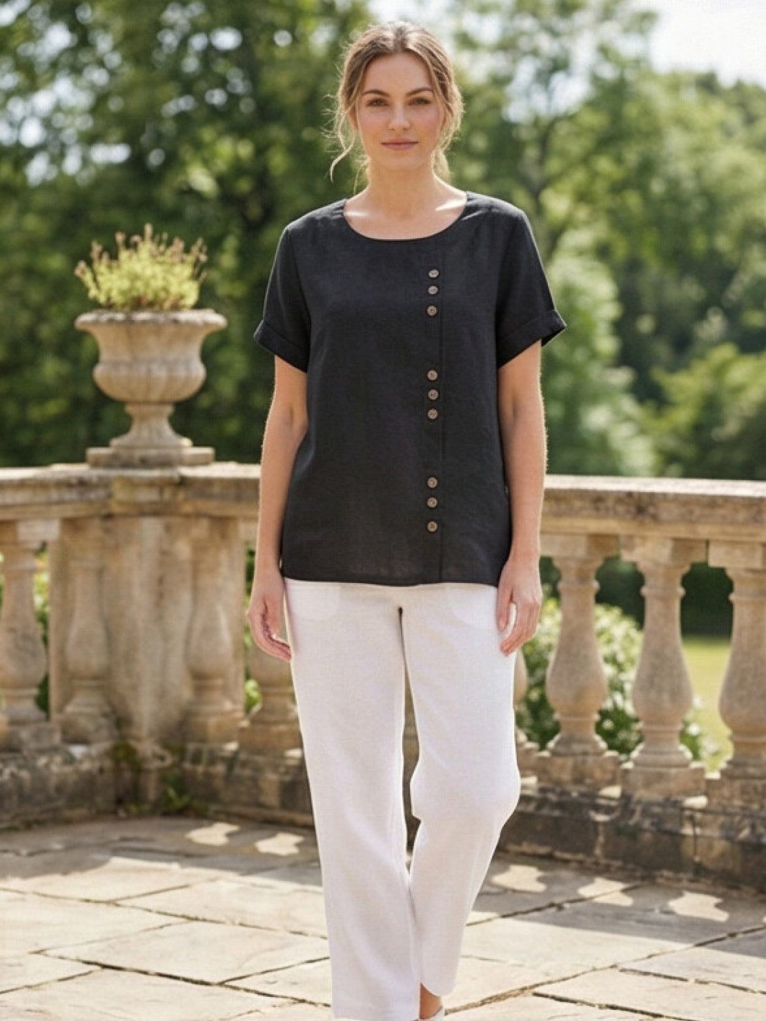 Women's Button Blouse with Round Neckline and Relaxed Fit