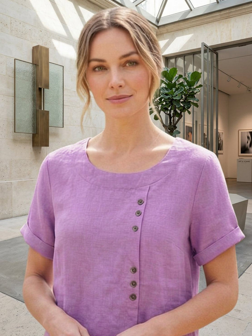 Women's Button Blouse with Round Neckline and Relaxed Fit