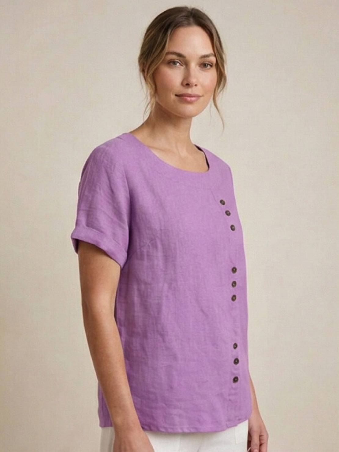 Women's Button Blouse with Round Neckline and Relaxed Fit