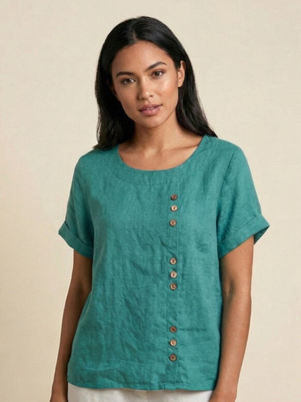 Women's Button Blouse with Round Neckline and Relaxed Fit