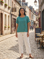 Women's Button Blouse with Round Neckline and Relaxed Fit