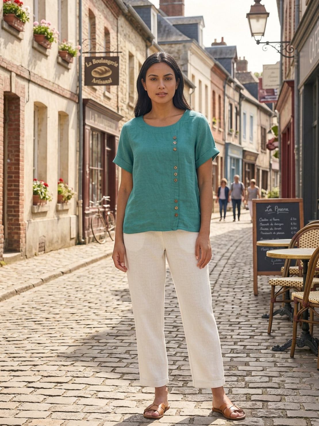 Women's Button Blouse with Round Neckline and Relaxed Fit