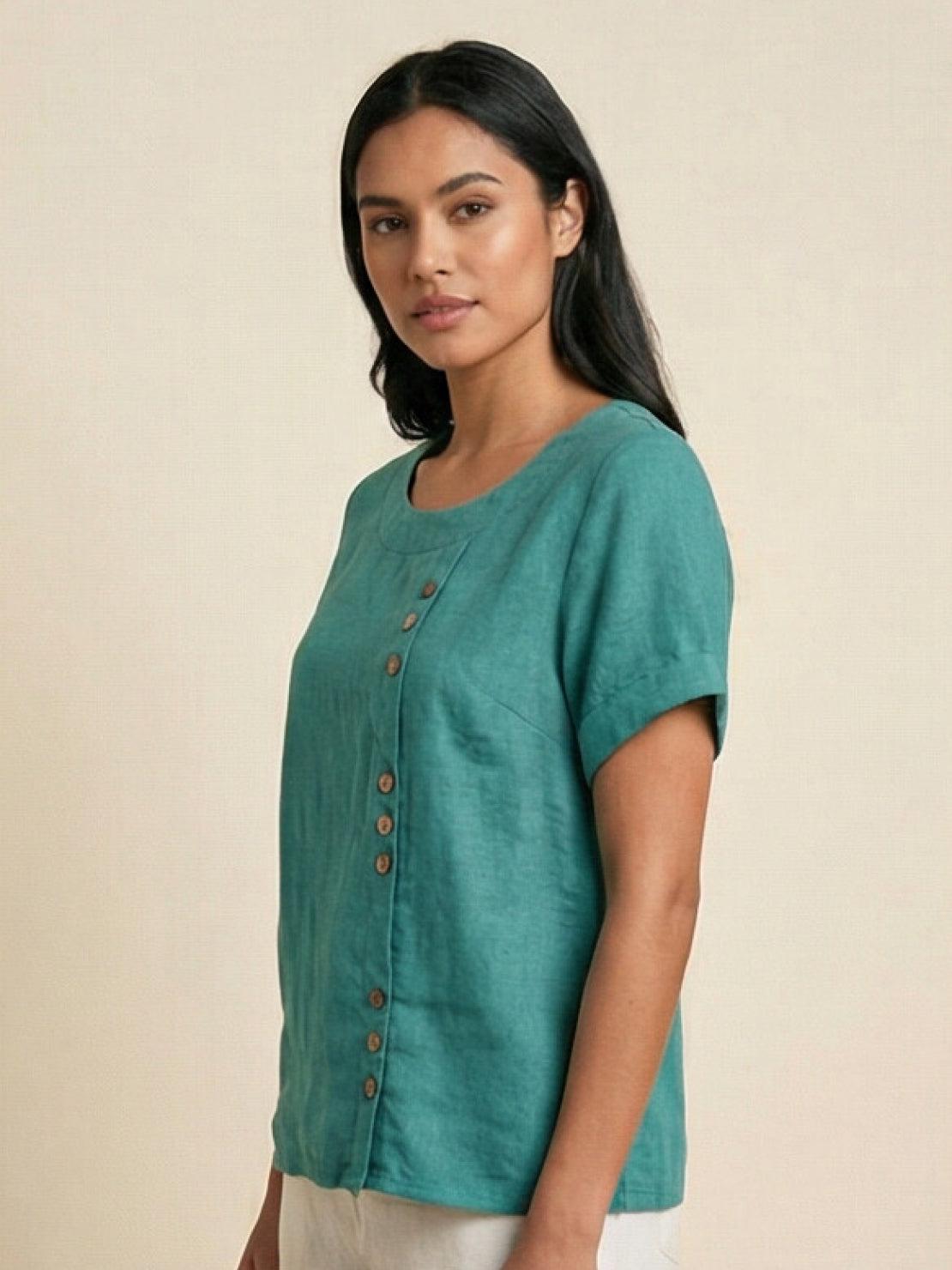 Women's Button Blouse with Round Neckline and Relaxed Fit