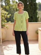 Women's Button Blouse with Round Neckline and Relaxed Fit