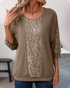 Women's Lace Detail Long Sleeve Blouse – Round Neck Casual Blouse