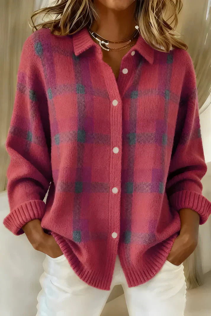Brielle | Pink Plaid Knit Cardigan