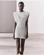 Women's Sparkle Sequin Mini Dress – Statement Shoulder Cocktail Party Dress