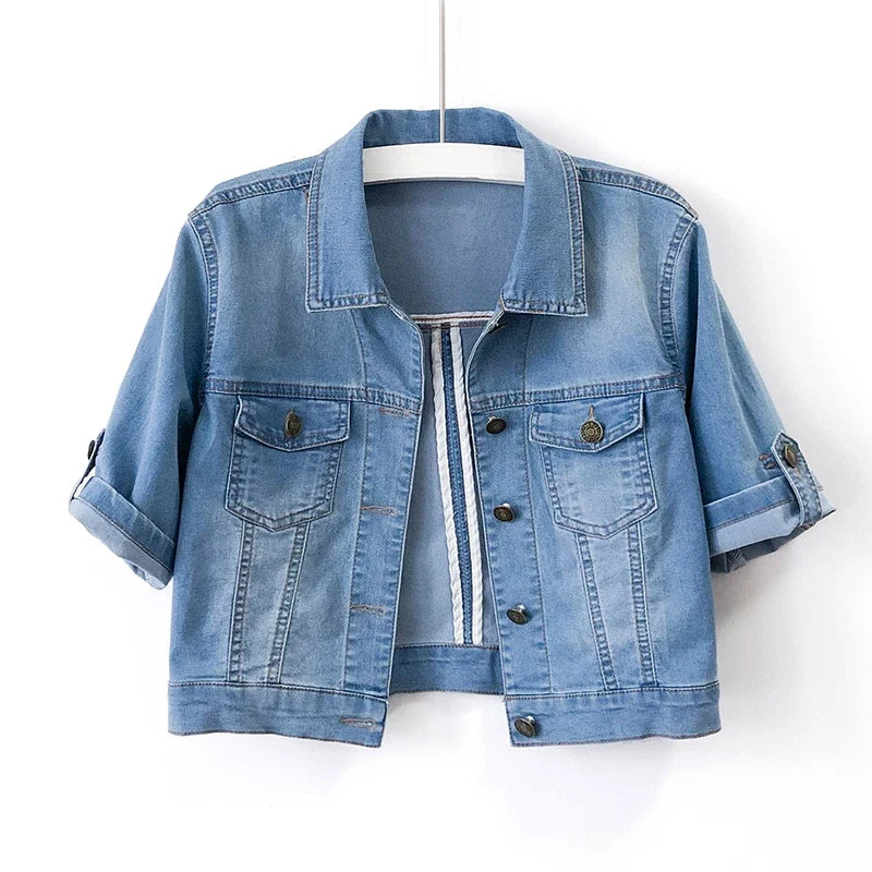 Women's Cropped Short Sleeve Jean Jacket – Relaxed Button Front Jacket