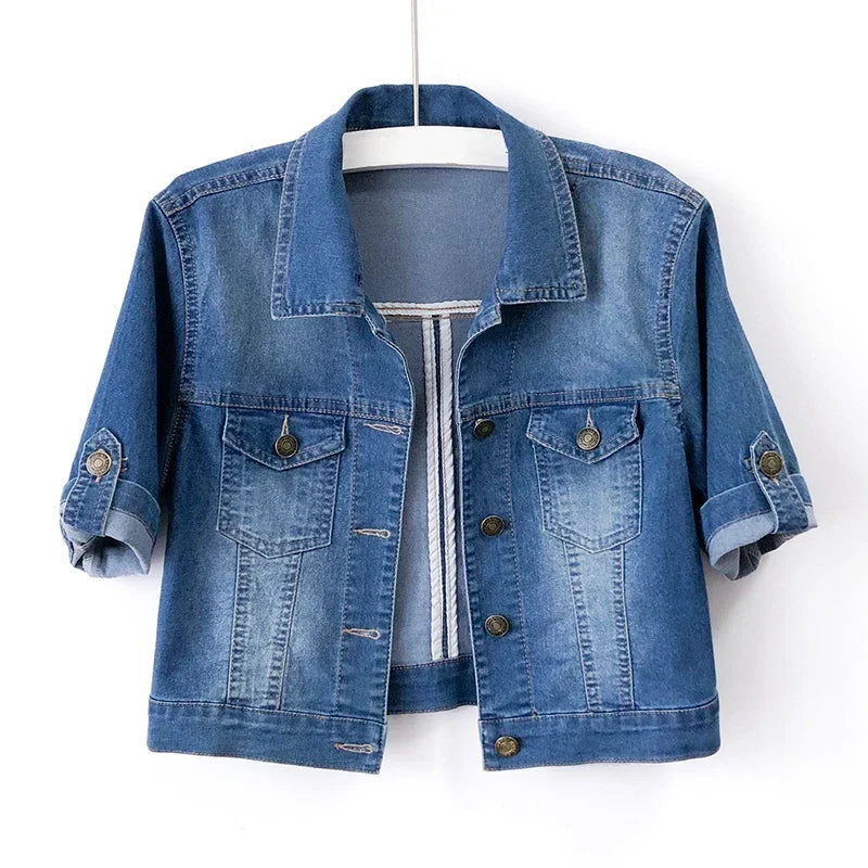 Women's Cropped Short Sleeve Jean Jacket – Relaxed Button Front Jacket