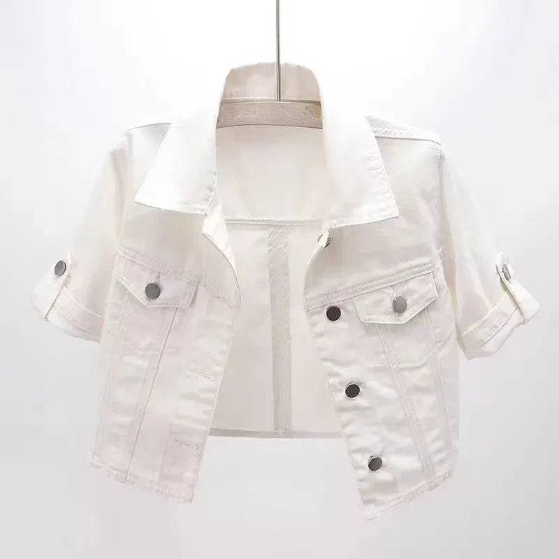 Women's Cropped Short Sleeve Jean Jacket – Relaxed Button Front Jacket