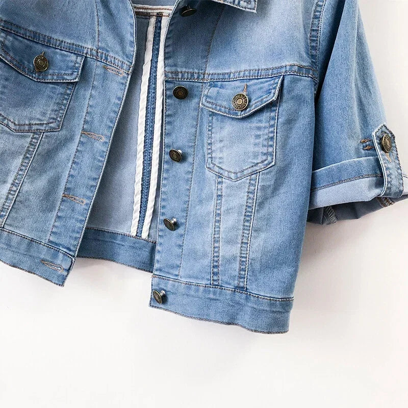 Women's Cropped Short Sleeve Jean Jacket – Relaxed Button Front Jacket