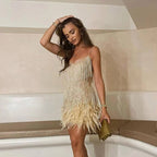 Women's Sequin Feather Cocktail Dress – Spaghetti Strap Fringe Party Dress