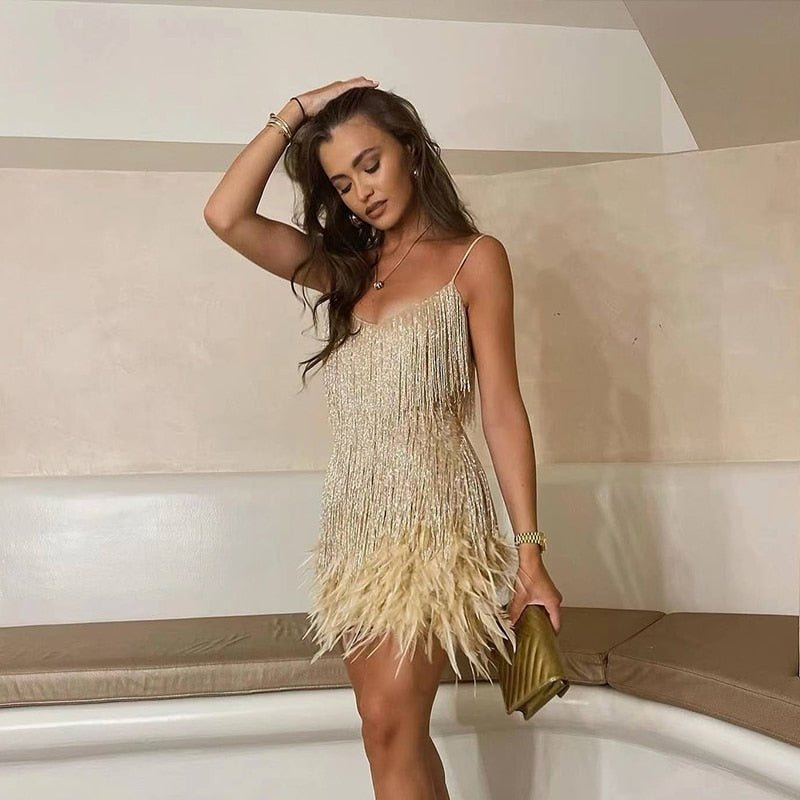 Women's Sequin Feather Cocktail Dress – Spaghetti Strap Fringe Party Dress