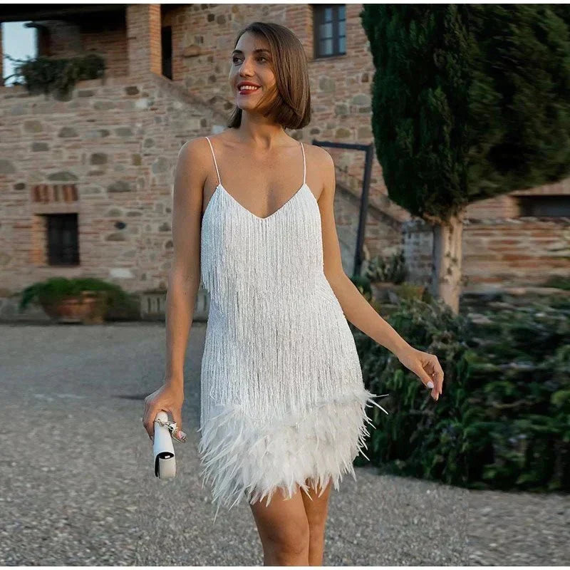 Women's Sequin Feather Cocktail Dress – Spaghetti Strap Fringe Party Dress