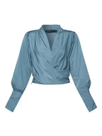 Women's Satin V-Neck Blouse – Puff Sleeve Pleated Waist Blouse