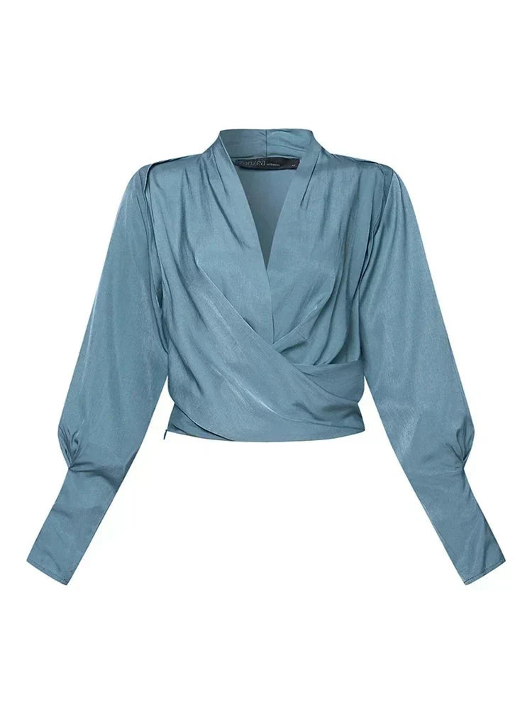 Women's Satin V-Neck Blouse – Puff Sleeve Pleated Waist Blouse