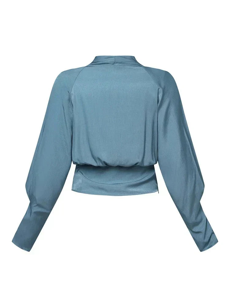 Women's Satin V-Neck Blouse – Puff Sleeve Pleated Waist Blouse