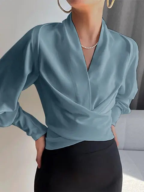 Women's Satin V-Neck Blouse – Puff Sleeve Pleated Waist Blouse