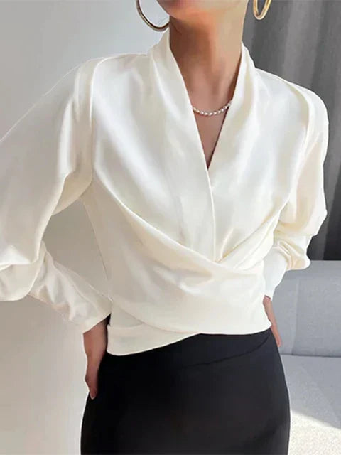 Women's Satin V-Neck Blouse – Puff Sleeve Pleated Waist Blouse