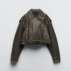 Women's Belted Moto Jacket – Cropped Leather Look Biker Jacket