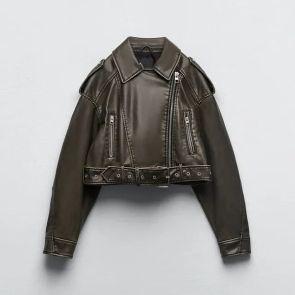 Women's Belted Moto Jacket – Cropped Leather Look Biker Jacket