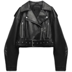 Women's Belted Moto Jacket – Cropped Leather Look Biker Jacket