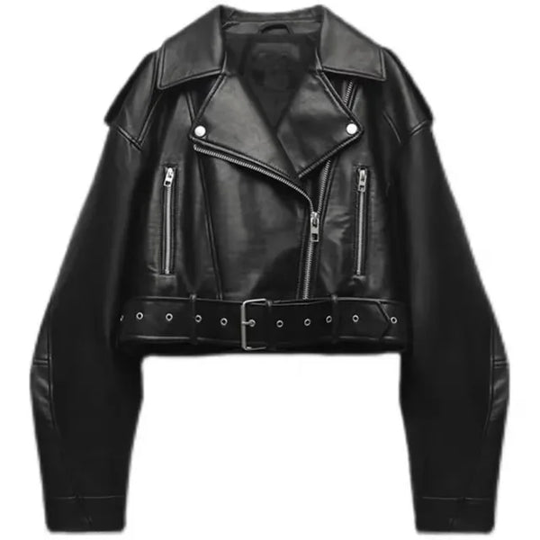 Women's Belted Moto Jacket – Cropped Leather Look Biker Jacket
