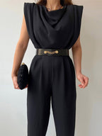 Women's Belted V-Neck Jumpsuit – Button Front Wide Leg Evening Jumpsuit