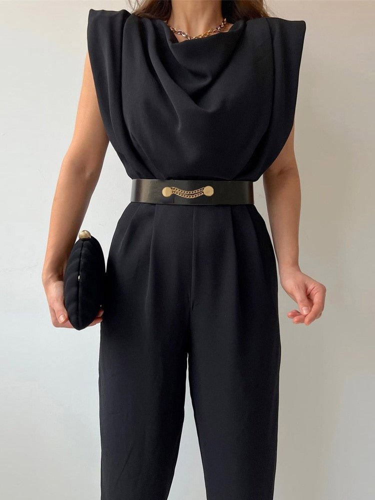 Women's Belted V-Neck Jumpsuit – Button Front Wide Leg Evening Jumpsuit