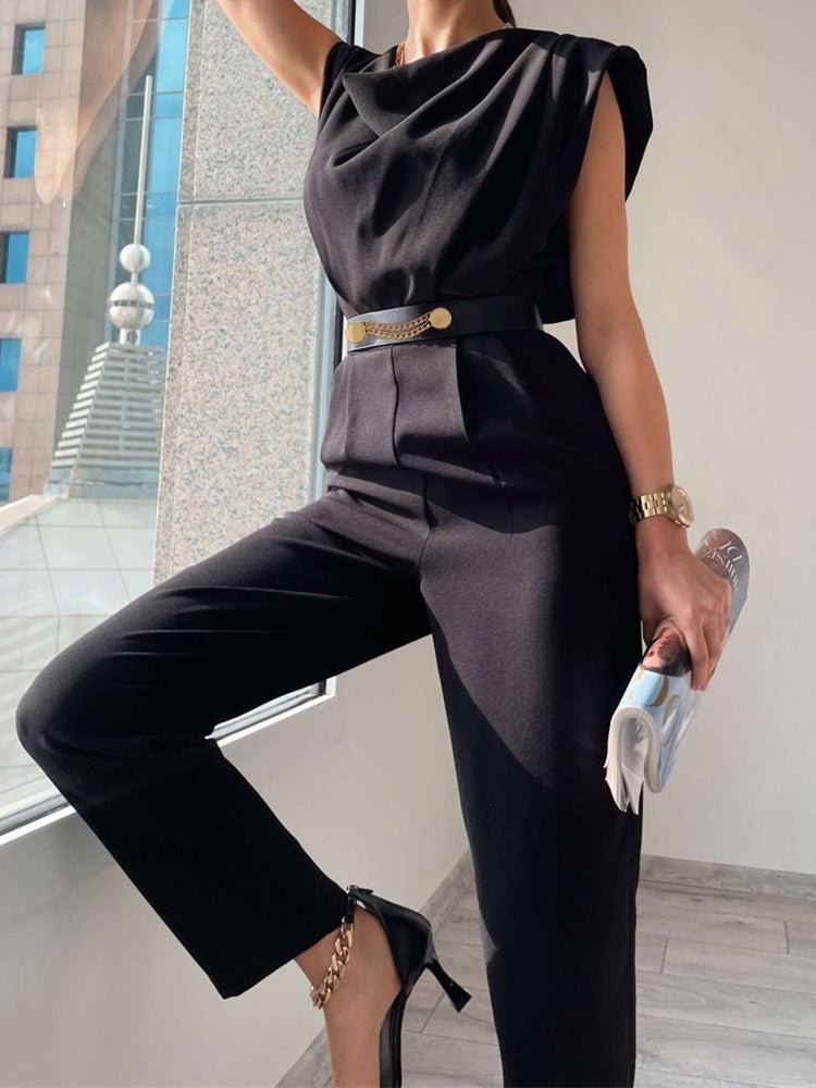 Women's Belted V-Neck Jumpsuit – Button Front Wide Leg Evening Jumpsuit