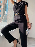 Women's Belted V-Neck Jumpsuit – Button Front Wide Leg Evening Jumpsuit