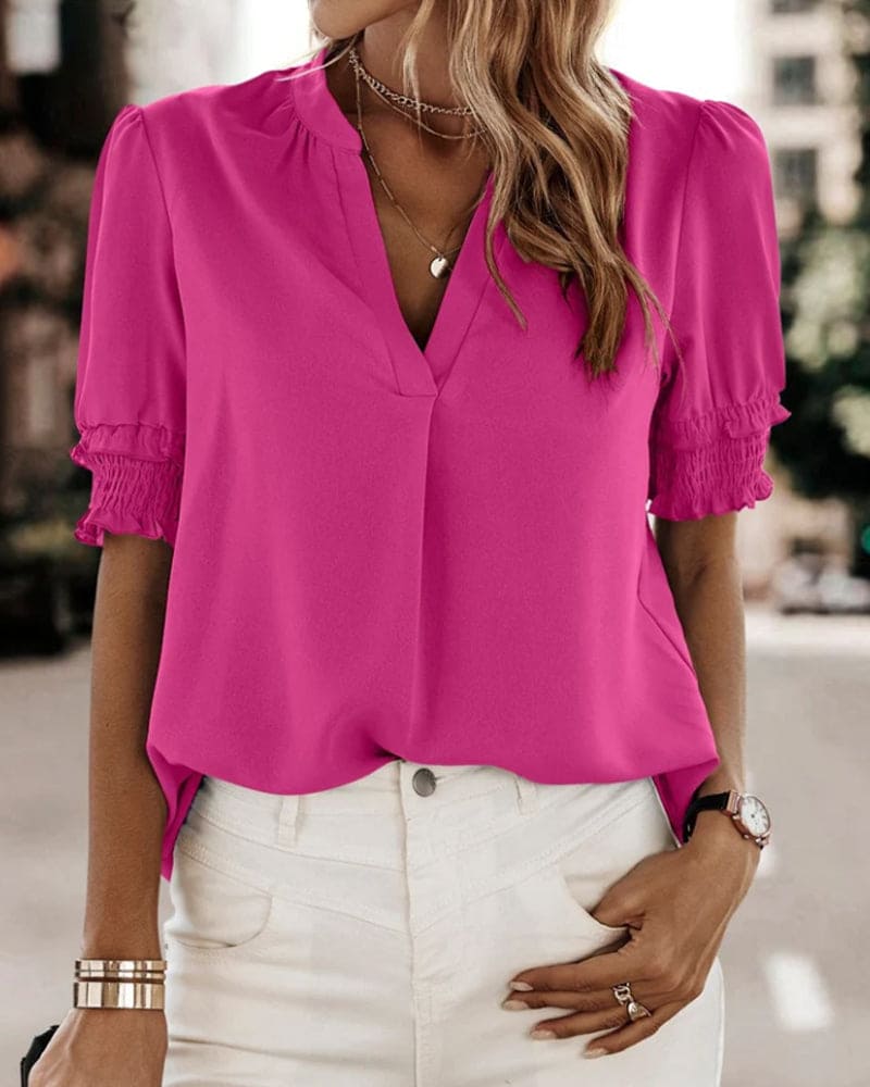 Women's V-Neck Blouse – Short Sleeve Summer Blouse – Sofie
