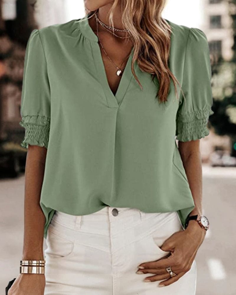 Women's V-Neck Blouse – Short Sleeve Summer Blouse – Sofie