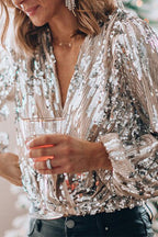 Women's V-Neck Glitter Blouse – Sparkly Festive Party Blouse