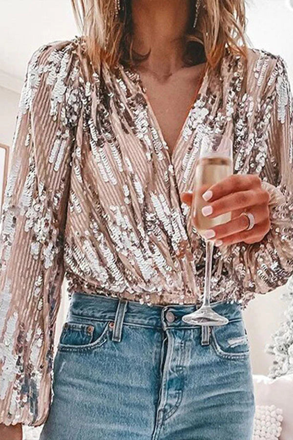 Women's V-Neck Glitter Blouse – Sparkly Festive Party Blouse