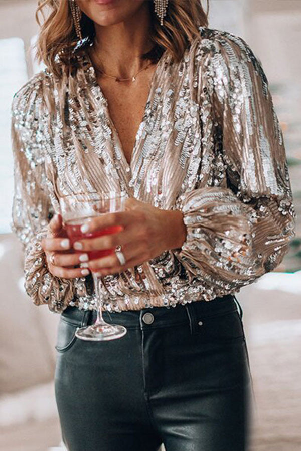 Women's V-Neck Glitter Blouse – Sparkly Festive Party Blouse