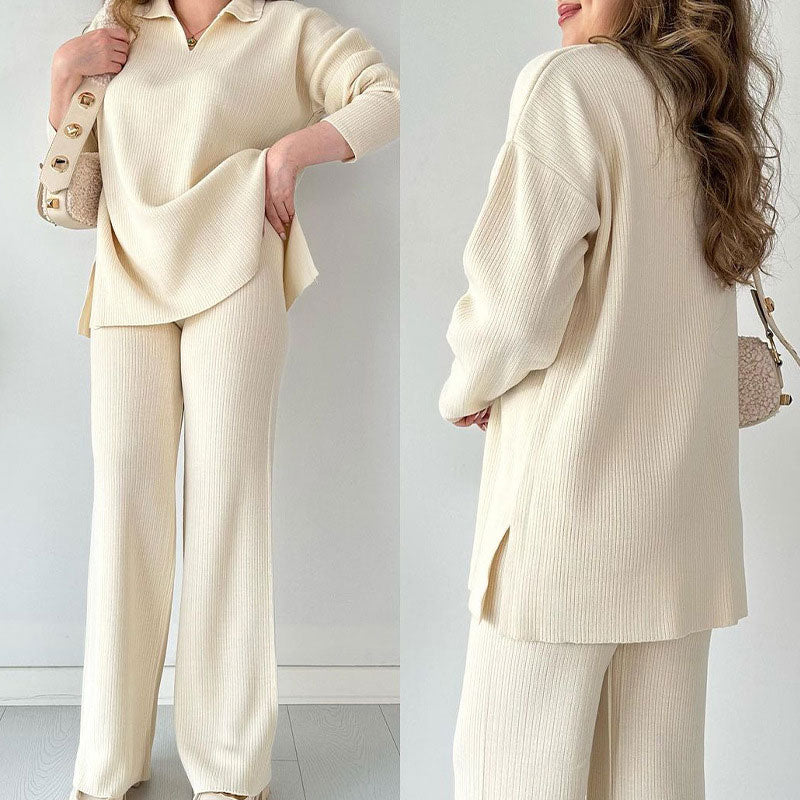 Women's Oversized Ribbed Lounge Set – Side Slit Top Elastic Waist Pants Set