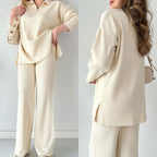 Women's Oversized Ribbed Lounge Set – Side Slit Top Elastic Waist Pants Set