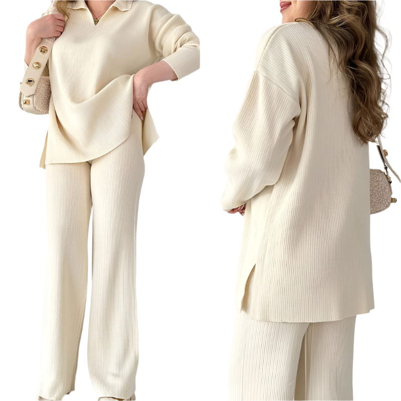 Women's Oversized Ribbed Lounge Set – Side Slit Top Elastic Waist Pants Set