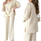 Women's Oversized Ribbed Lounge Set – Side Slit Top Elastic Waist Pants Set