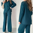 Women's Oversized Ribbed Lounge Set – Side Slit Top Elastic Waist Pants Set