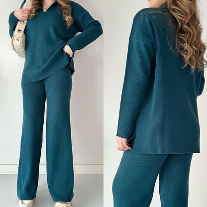 Women's Oversized Ribbed Lounge Set – Side Slit Top Elastic Waist Pants Set